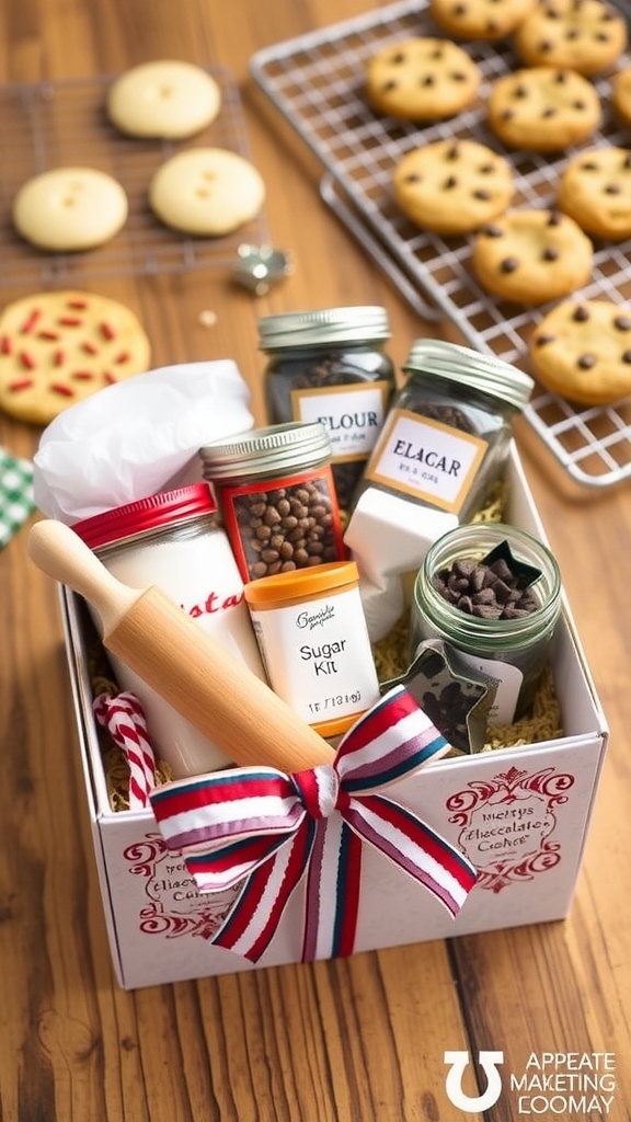 A cookie kit gift box with baking ingredients and tools, surrounded by freshly baked cookies.